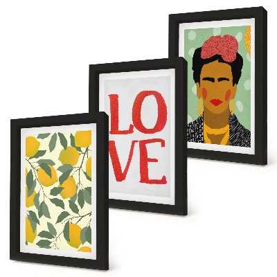 Tríptico enmarcado Limones con la inscripción AMOR, retrato pintado de Frida Kahlo.