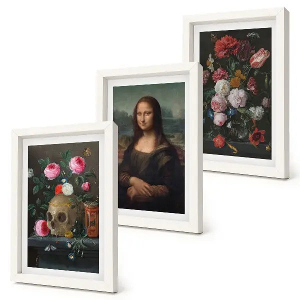 Juego de 3 cuadros decorativos con diseño de flores antiguas calavera y retrato de la Mona Lisa de Leonardo da Vinci