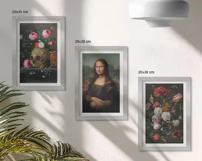 Juego de 3 cuadros decorativos con diseño de flores antiguas calavera y retrato de la Mona Lisa de Leonardo da Vinci