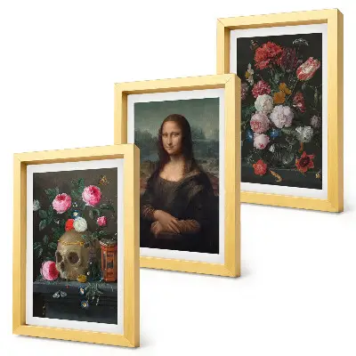 Juego de 3 cuadros decorativos con diseño de flores antiguas calavera y retrato de la Mona Lisa de Leonardo da Vinci