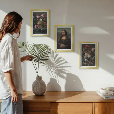 Juego de 3 cuadros decorativos con diseño de flores antiguas calavera y retrato de la Mona Lisa de Leonardo da Vinci