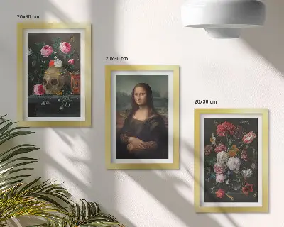 Juego de 3 cuadros decorativos con diseño de flores antiguas calavera y retrato de la Mona Lisa de Leonardo da Vinci