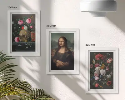Juego de 3 cuadros decorativos con diseño de flores antiguas calavera y retrato de la Mona Lisa de Leonardo da Vinci