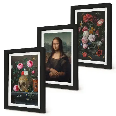 Juego de 3 cuadros decorativos con diseño de flores antiguas calavera y retrato de la Mona Lisa de Leonardo da Vinci
