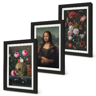 Juego de 3 cuadros decorativos Flores antiguas, calavera y retrato de la Mona Lisa de Leonardo da Vinci