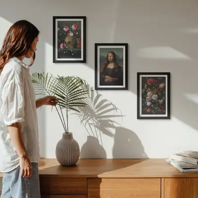 Juego de 3 cuadros decorativos con diseño de flores antiguas calavera y retrato de la Mona Lisa de Leonardo da Vinci