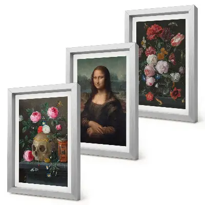 Juego de 3 cuadros decorativos con diseño de flores antiguas calavera y retrato de la Mona Lisa de Leonardo da Vinci