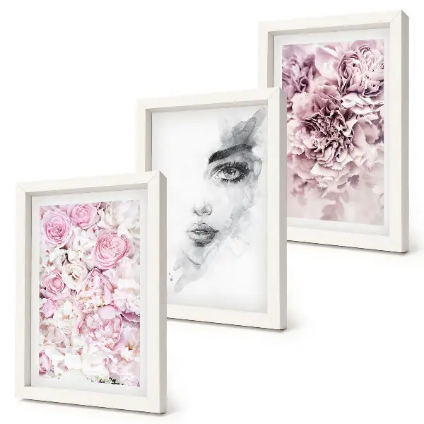 Juego de 3 cuadros decorativos delicadas peonías con retrato de mujer en blanco y negro