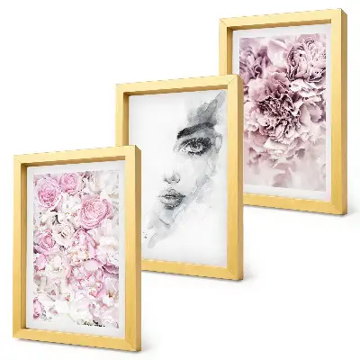 Juego de 3 cuadros decorativos delicadas peonías con retrato de mujer en blanco y negro