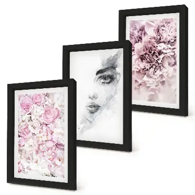 Juego de 3 cuadros decorativos delicadas peonías con retrato de mujer en blanco y negro