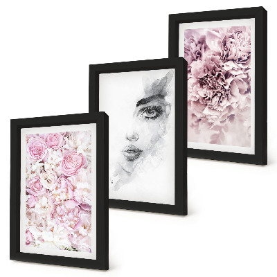 Juego de 3 cuadros decorativos Delicadas peonías, retrato en blanco y negro de una mujer
