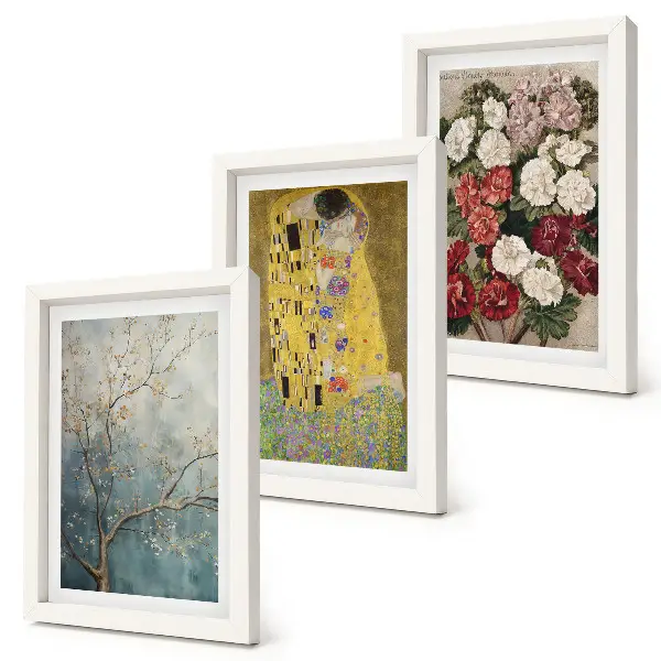 Tríptico enmarcado cuadro de flores y árboles al estilo pictórico de El beso de Gustav Klimt
