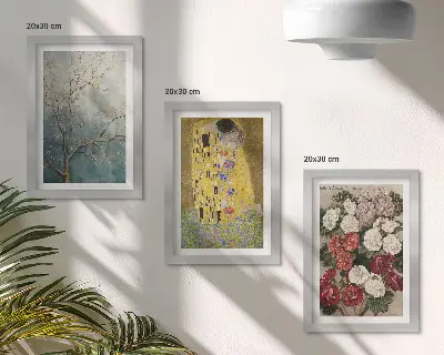 Tríptico enmarcado cuadro de flores y árboles al estilo pictórico de El beso de Gustav Klimt