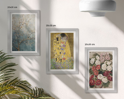 Tríptico enmarcado Flores y árboles al estilo pictórico de El beso de Gustav Klimt.