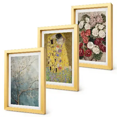 Tríptico enmarcado cuadro de flores y árboles al estilo pictórico de El beso de Gustav Klimt
