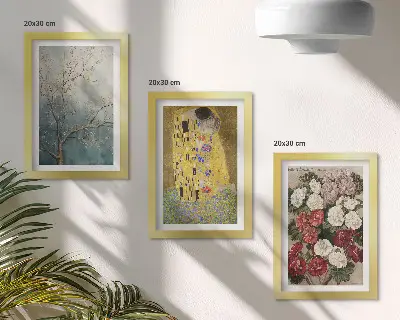 Tríptico enmarcado cuadro de flores y árboles al estilo pictórico de El beso de Gustav Klimt