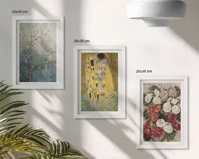 Tríptico enmarcado cuadro de flores y árboles al estilo pictórico de El beso de Gustav Klimt