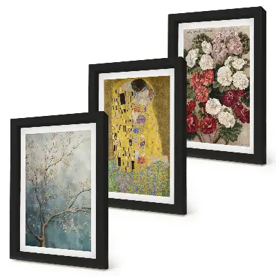 Tríptico enmarcado cuadro de flores y árboles al estilo pictórico de El beso de Gustav Klimt