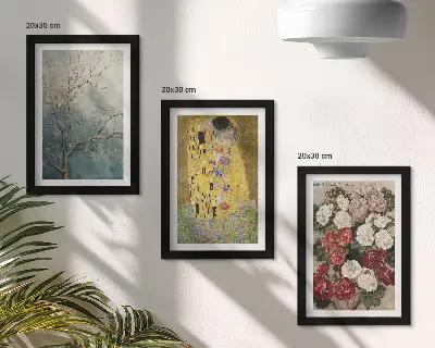 Tríptico enmarcado cuadro de flores y árboles al estilo pictórico de El beso de Gustav Klimt