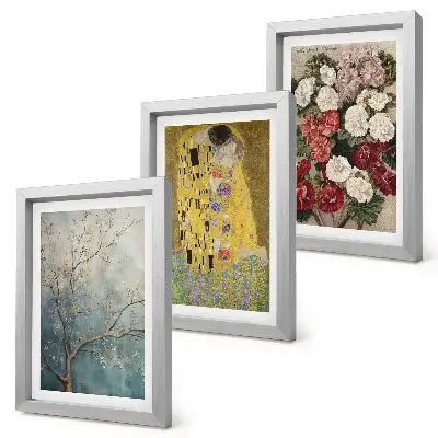 Tríptico enmarcado cuadro de flores y árboles al estilo pictórico de El beso de Gustav Klimt