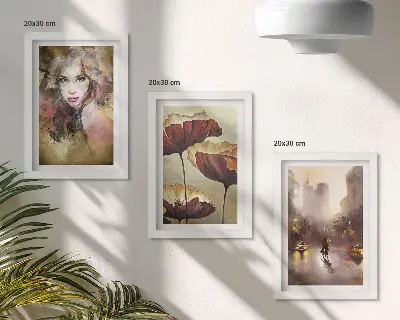 Tríptico enmarcado retrato abstracto de una mujer con flores y ciudad bajo la lluvia