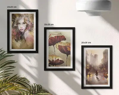 Tríptico enmarcado retrato abstracto de una mujer con flores y ciudad bajo la lluvia
