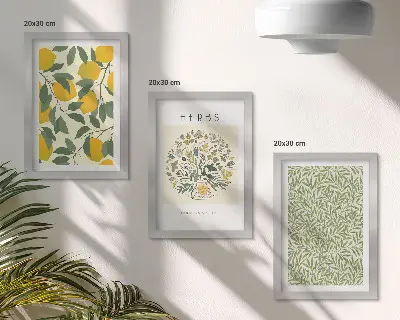 Tríptico enmarcado con motivos de limones, hierbas y hojas de plantas