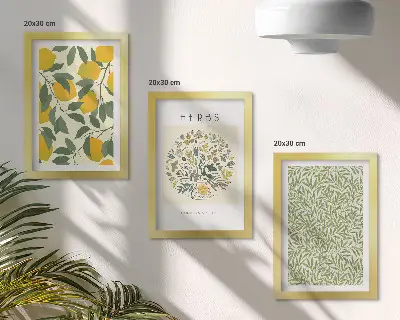 Tríptico enmarcado con motivos de limones, hierbas y hojas de plantas