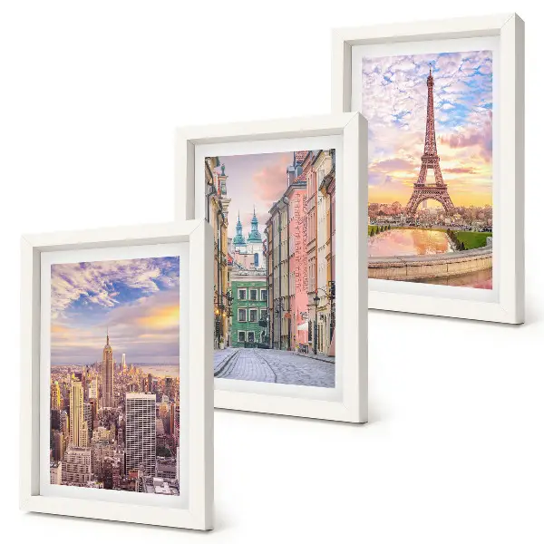 Juego de 3 cuadros decorativos con vistas de las ciudades de Nueva York, París y Varsovia al atardecer