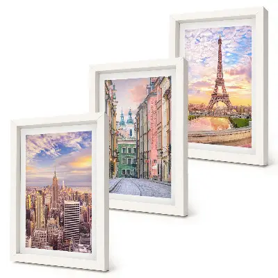 Juego de 3 cuadros decorativos con vistas de las ciudades de Nueva York, París y Varsovia al atardecer