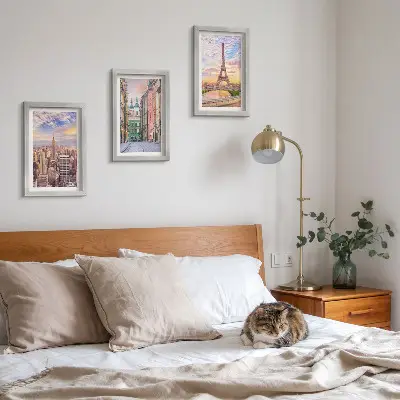 Juego de 3 cuadros decorativos con vistas de las ciudades de Nueva York, París y Varsovia al atardecer