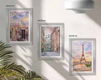 Juego de 3 cuadros decorativos con vistas de las ciudades de Nueva York, París y Varsovia al atardecer