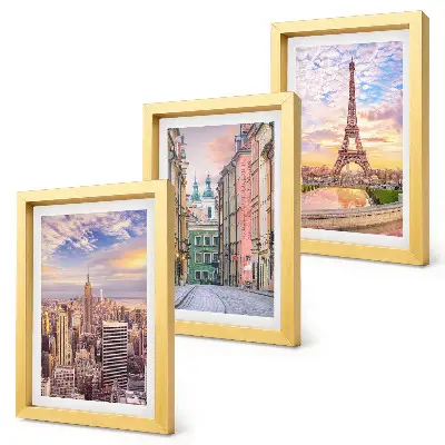 Juego de 3 cuadros decorativos con vistas de las ciudades de Nueva York, París y Varsovia al atardecer