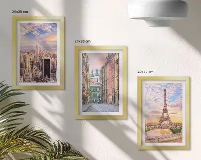 Juego de 3 cuadros decorativos con vistas de las ciudades de Nueva York, París y Varsovia al atardecer