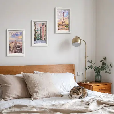 Juego de 3 cuadros decorativos con vistas de las ciudades de Nueva York, París y Varsovia al atardecer