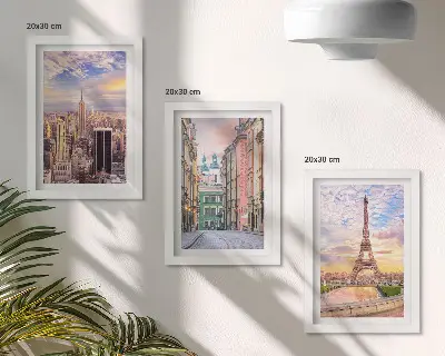 Juego de 3 cuadros decorativos con vistas de las ciudades de Nueva York, París y Varsovia al atardecer