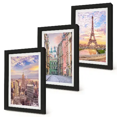 Juego de 3 cuadros decorativos con vistas de las ciudades de Nueva York, París y Varsovia al atardecer