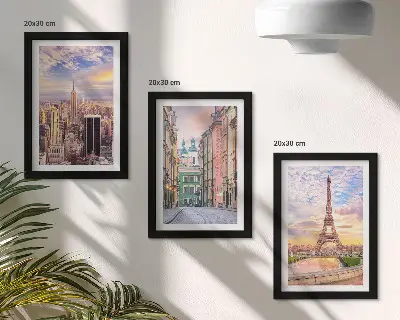 Juego de 3 cuadros decorativos con vistas de las ciudades de Nueva York, París y Varsovia al atardecer