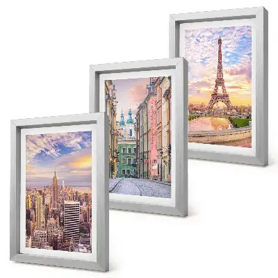 Juego de 3 cuadros decorativos con vistas de las ciudades de Nueva York, París y Varsovia al atardecer