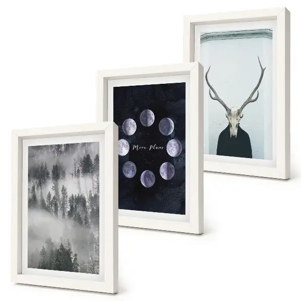 Juego de 3 cuadros decorativos con diseño de paisaje forestal en la niebla, fases lunares y cráneo de ciervo