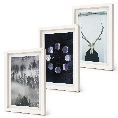 Juego de 3 cuadros decorativos Paisaje forestal en la niebla, fases lunares, cráneo de ciervo