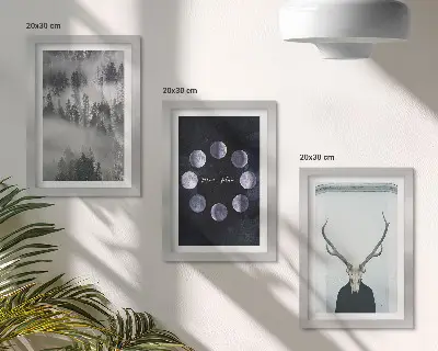 Juego de 3 cuadros decorativos con diseño de paisaje forestal en la niebla, fases lunares y cráneo de ciervo