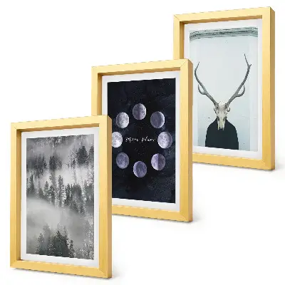 Juego de 3 cuadros decorativos con diseño de paisaje forestal en la niebla, fases lunares y cráneo de ciervo