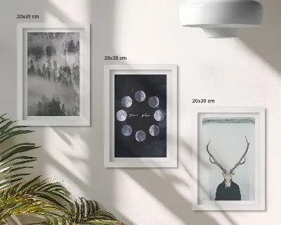 Juego de 3 cuadros decorativos con diseño de paisaje forestal en la niebla, fases lunares y cráneo de ciervo
