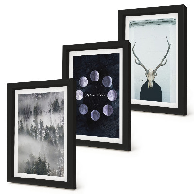Juego de 3 cuadros decorativos Paisaje forestal en la niebla, fases lunares, cráneo de ciervo