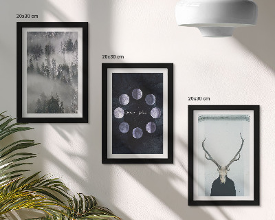 Juego de 3 cuadros decorativos Paisaje forestal en la niebla, fases lunares, cráneo de ciervo