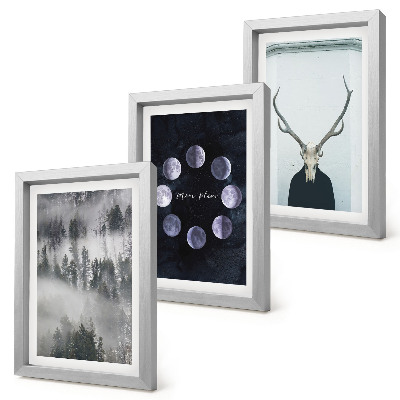 Juego de 3 cuadros decorativos Paisaje forestal en la niebla, fases lunares, cráneo de ciervo