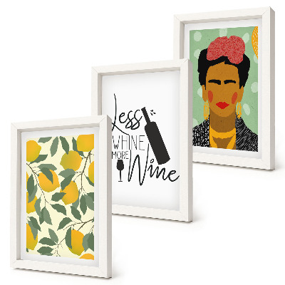 Tríptico enmarcado Retrato de Frida Kahlo en una botella de vino con limones