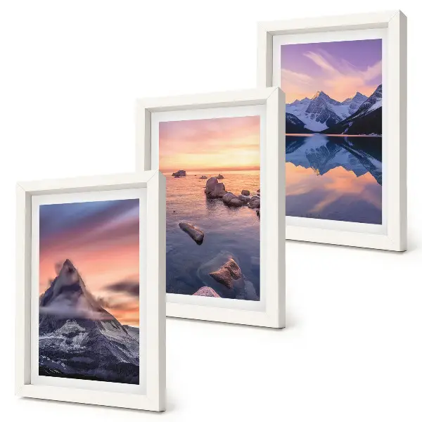 Juego de 3 cuadros decorativos con paisajes de montañas, lagos y atardeceres