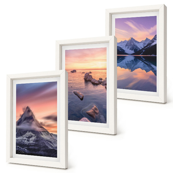 Juego de 3 cuadros decorativos Paisajes de montañas, lagos y atardeceres.